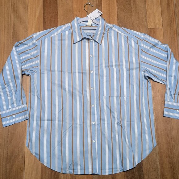 H&M Linen-Cotton Size L Men's Button Down Striped Blue Brown - Picture 1 of 6